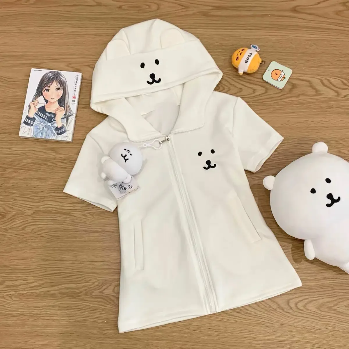 Deeptown Japanese Style Kawaii Hoodies Women Cartoon Lolita Short Sleeve Sweatshirt Cutecore Oversize Casual Zipper Cardigan