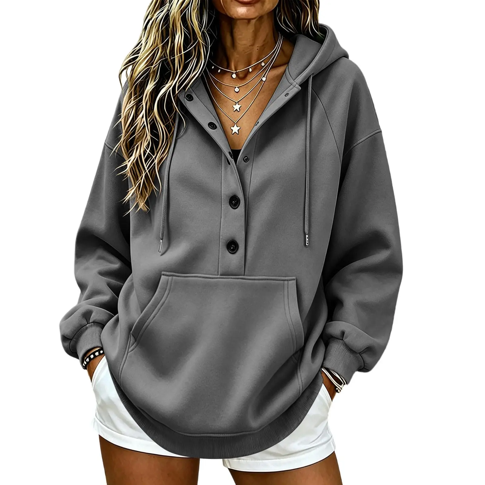 Hoodies For Women Solid Hooded Waist Sweatshirt Long Sleeve Button Zip Front Top Casual Daily Wear Full Length Hoodies for Women