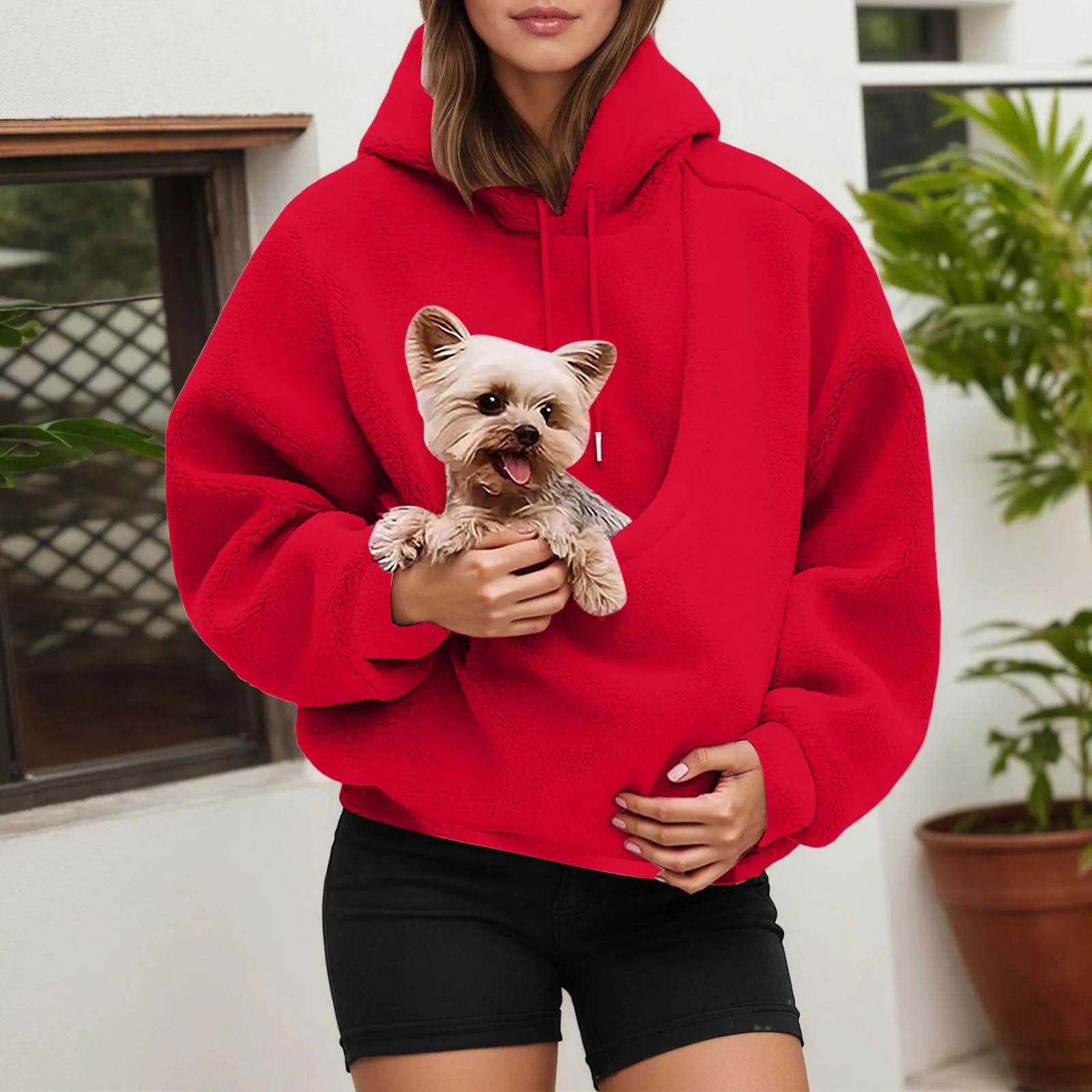 Unisex Fall And Winter Casual Fleece Solid Color Pet Pocket Hooded Sweatshirt Funny Pullover Sleep Tunics Women