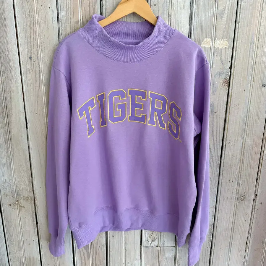 Women Autumn Winter Sweatshirt Purple Mock Neck Long Sleeve Letter Print Pullover Casual College Varsity Style Warm Loose Tops