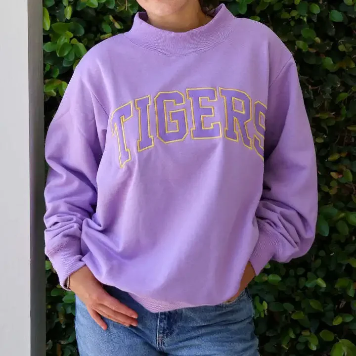 Women Autumn Winter Sweatshirt Purple Mock Neck Long Sleeve Letter Print Pullover Casual College Varsity Style Warm Loose Tops