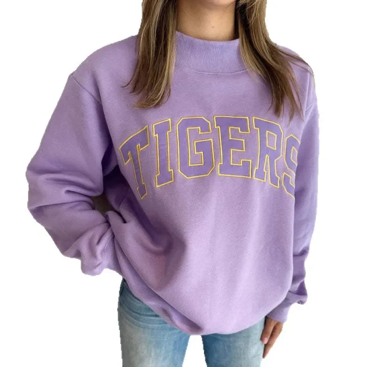 Women Autumn Winter Sweatshirt Purple Mock Neck Long Sleeve Letter Print Pullover Casual College Varsity Style Warm Loose Tops
