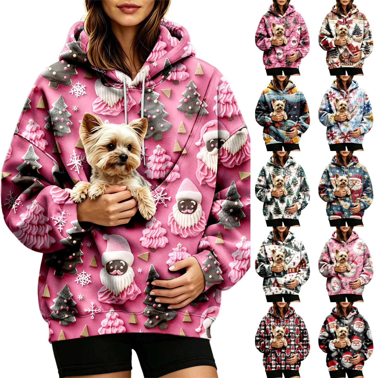 Women Fall And Winter Hoodie With Pet Pouch Oversized Pocket Colorful Print Sweatshirt For Dogs And Cats Woman's Zip Hoodie