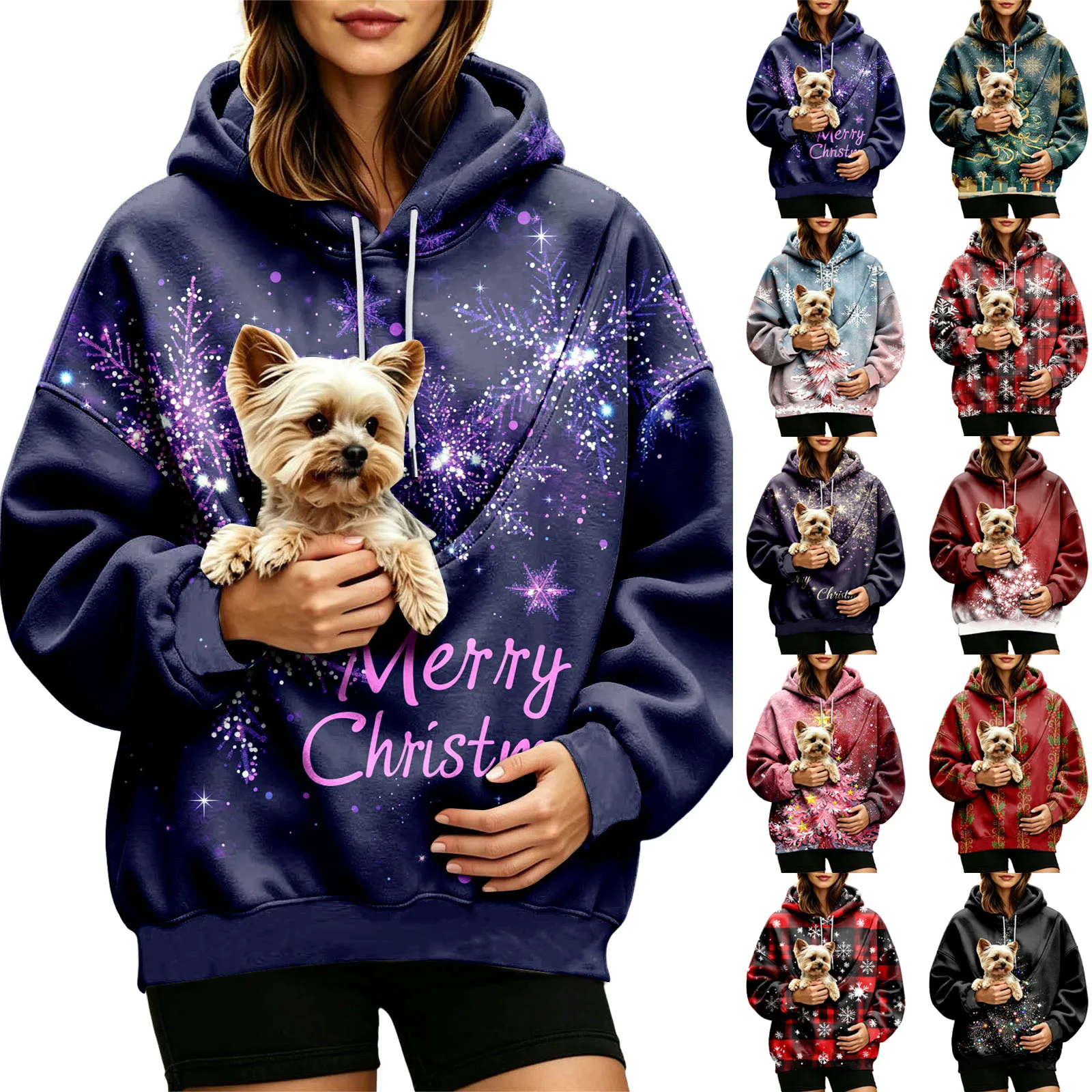 Women Fall And Winter Hoodie With Pet Pouch Oversized Pocket Colorful Print Sweatshirt For Dogs Long Sleeve Thin Hoodie Women
