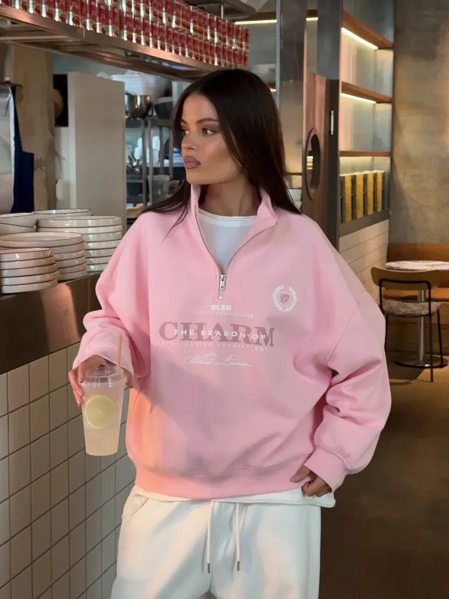 American Retro Badge Sweatshirts Zipper Turn-down Collar Pink Blouse Hoodies Fashion Sports Women Streetwear Autumn Large Size
