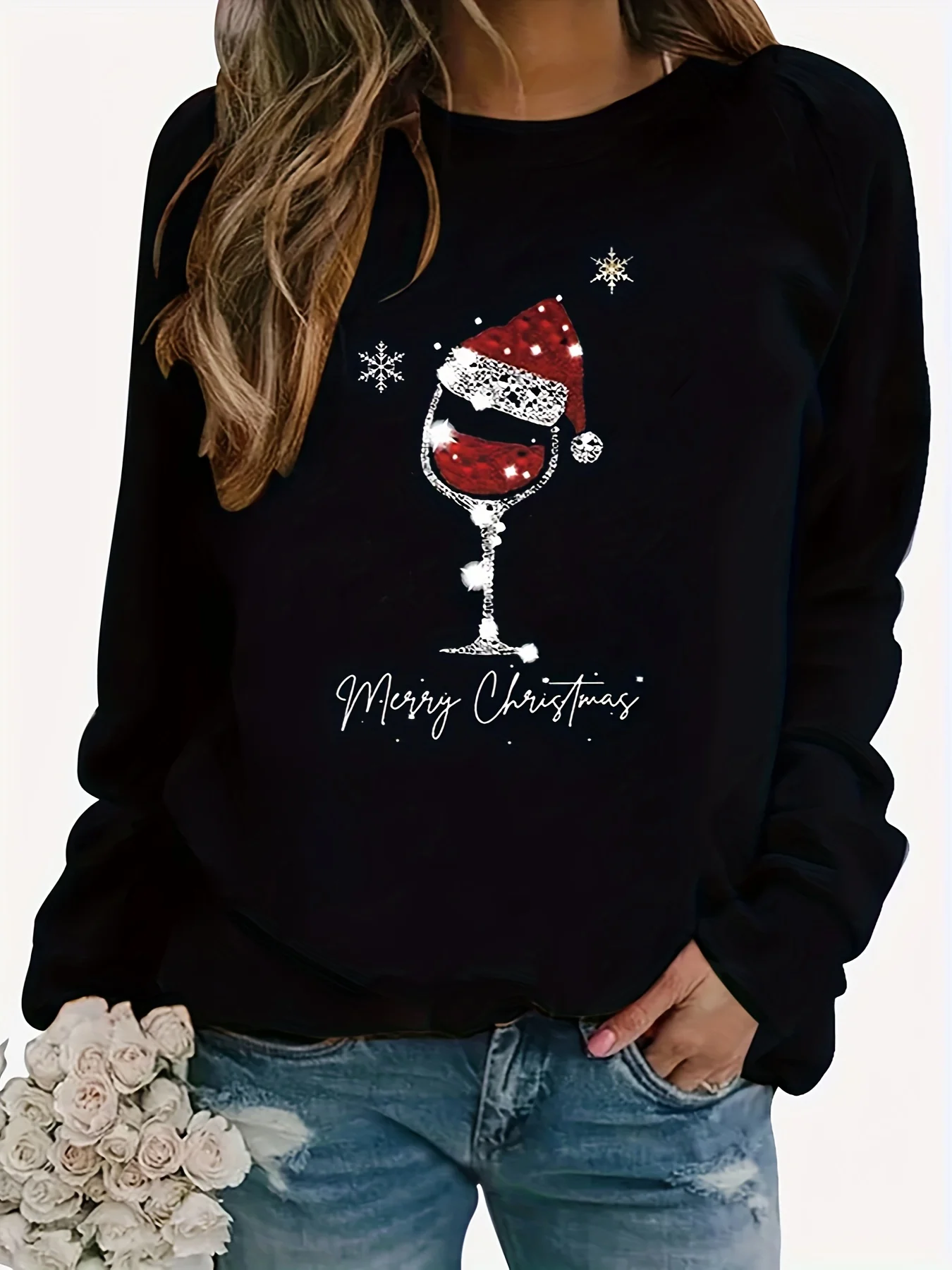 Women's Christmas Printed Loose Top Sweater Long Sleeved Autumn and Winter Black High Quality Vintage Trendy Casual Streetwear