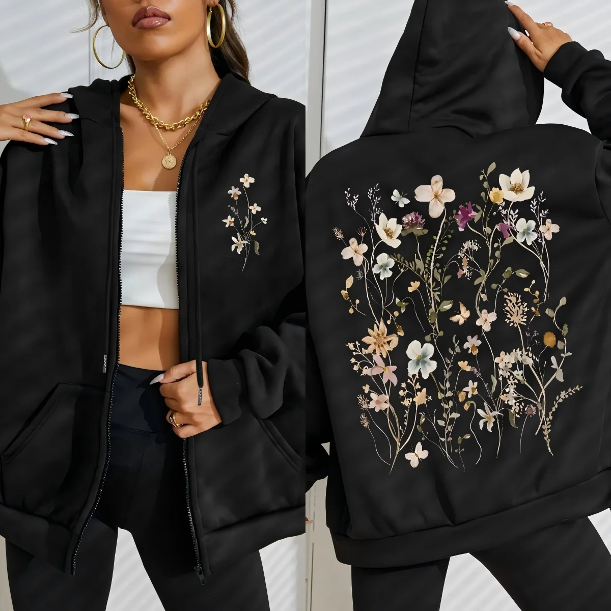 Beautiful Flower Clusters Printing Women Zipper Hoodie Vintage All-Match Hoodies Street Casual Streetwear Autumn Tracksuit