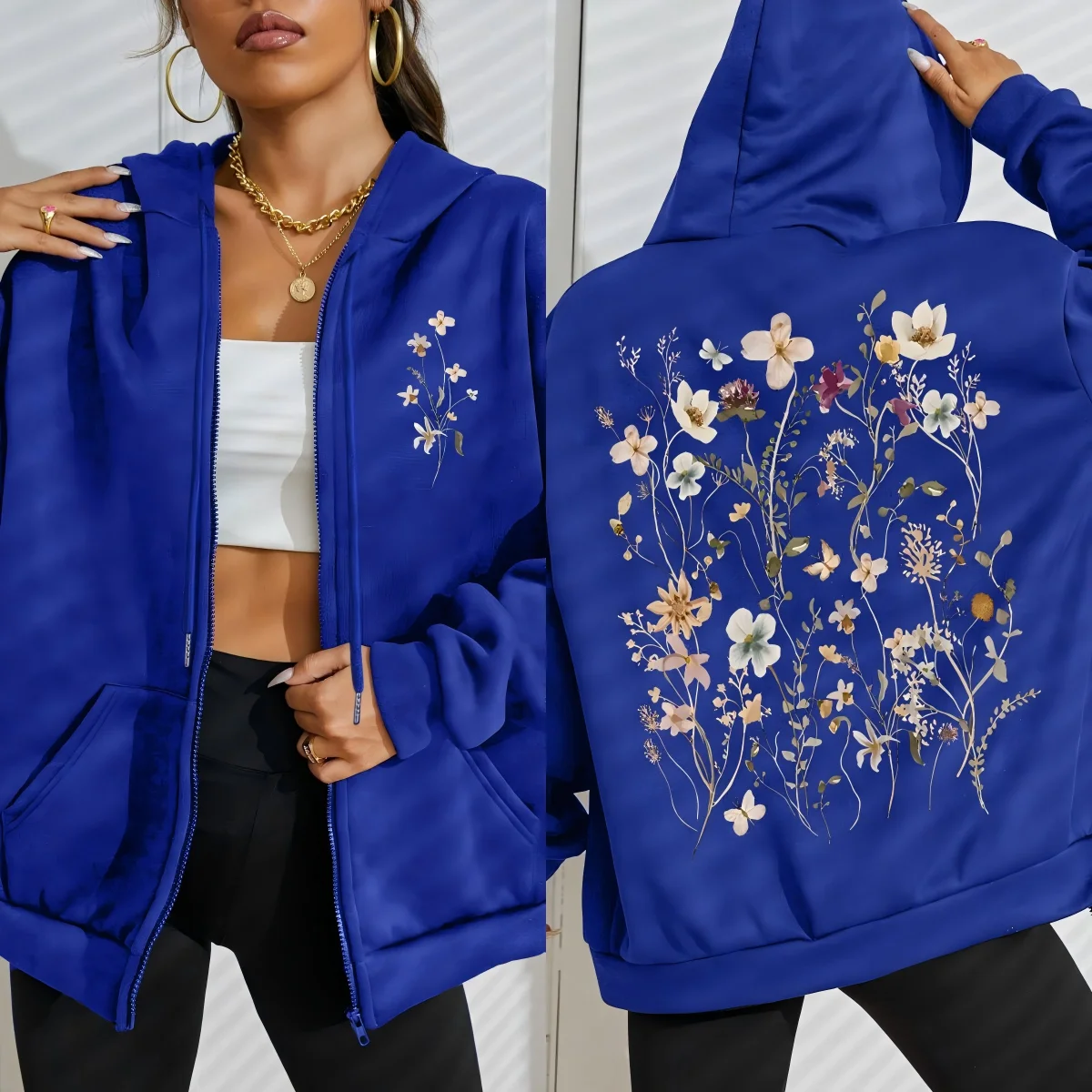 Beautiful Flower Clusters Printing Women Zipper Hoodie Vintage All-Match Hoodies Street Casual Streetwear Autumn Tracksuit