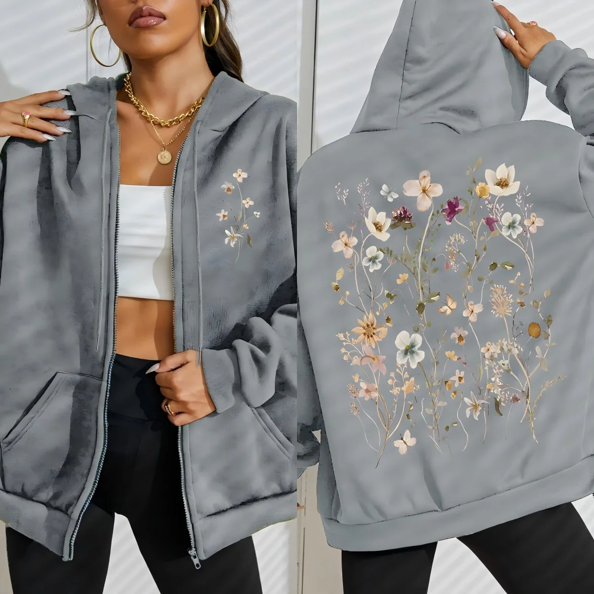 Beautiful Flower Clusters Printing Women Zipper Hoodie Vintage All-Match Hoodies Street Casual Streetwear Autumn Tracksuit