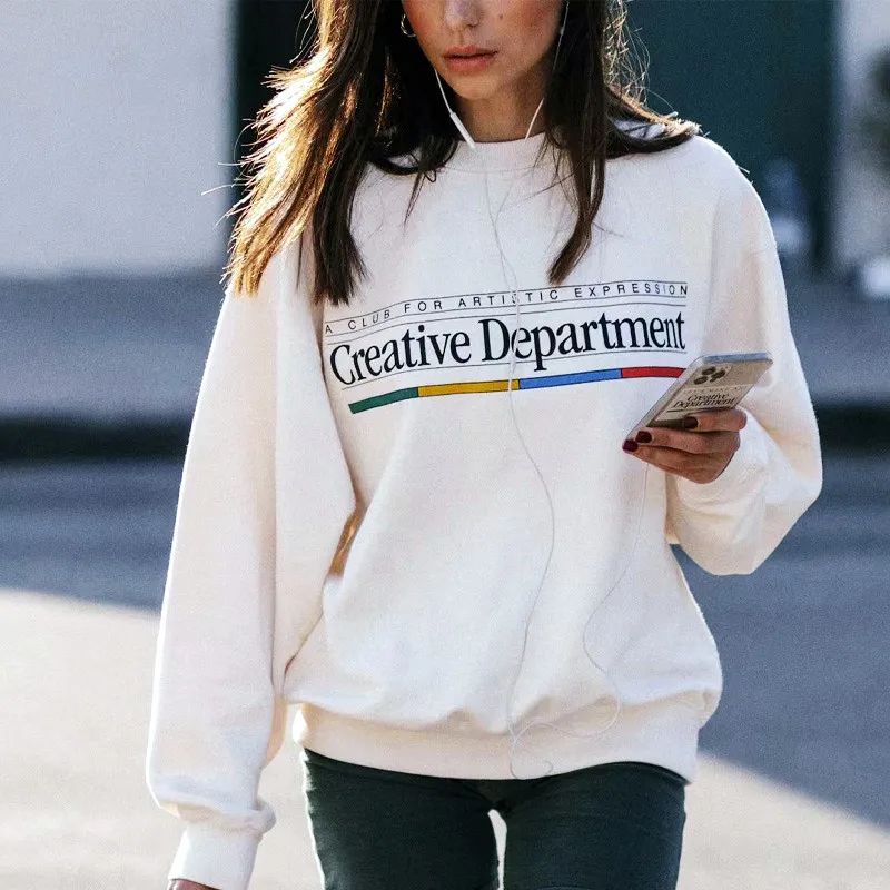 Creative Department American Vintaga Style Women White Sweatshirts Long Sleeve Loose Cotton Thick Street Fashion Y2K Pullover