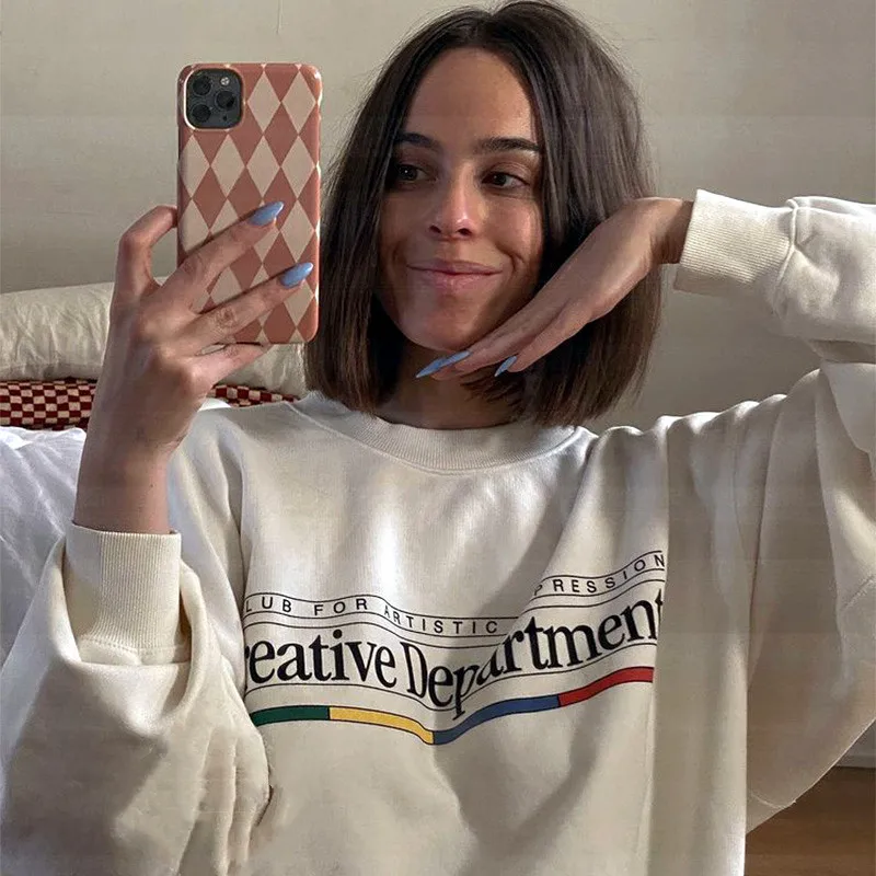 Creative Department American Vintaga Style Women White Sweatshirts Long Sleeve Loose Cotton Thick Street Fashion Y2K Pullover