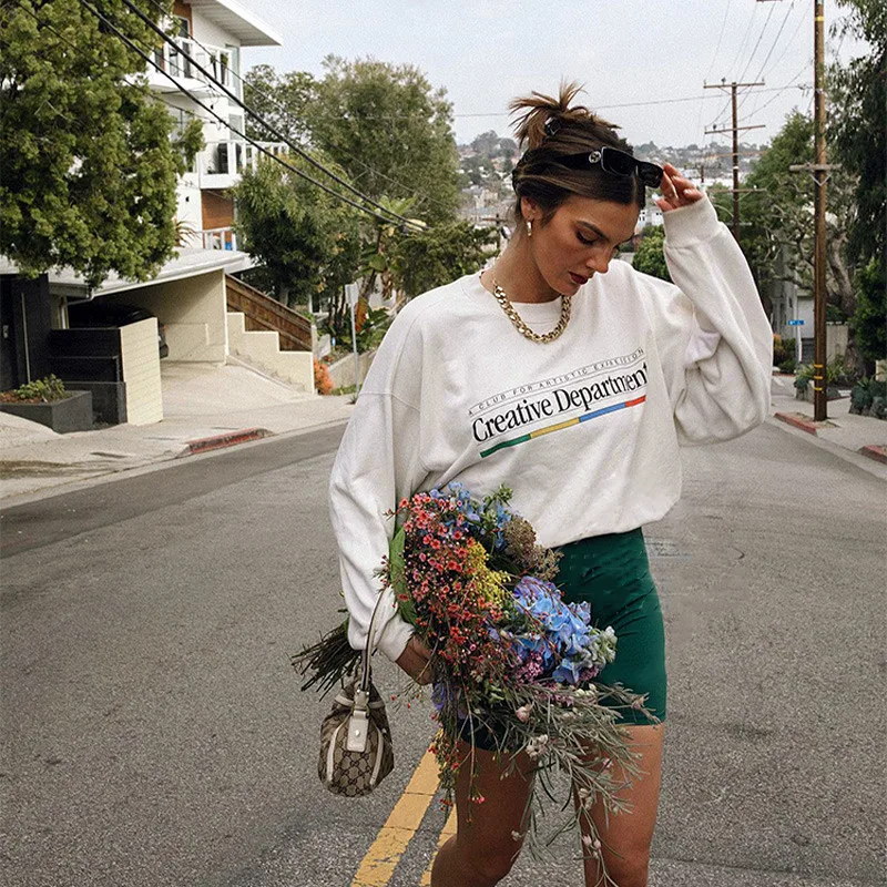 Creative Department American Vintaga Style Women White Sweatshirts Long Sleeve Loose Cotton Thick Street Fashion Y2K Pullover