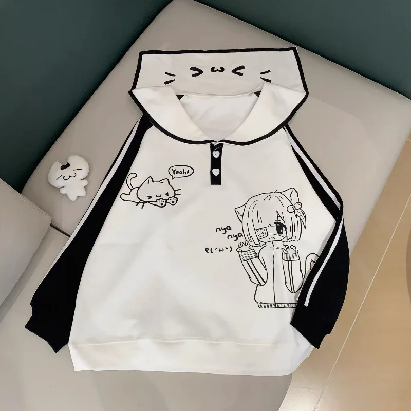 New Spring Autumn Fashion Japanese Preppy Style Sweatshirts Y2k Kawaii Print Casual Hoodies Sail Collar Constrast Color Clothes