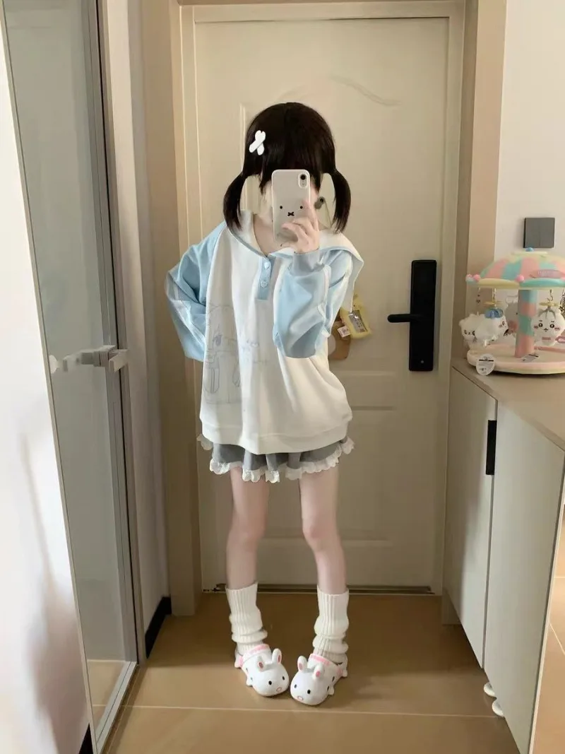 New Spring Autumn Fashion Japanese Preppy Style Sweatshirts Y2k Kawaii Print Casual Hoodies Sail Collar Constrast Color Clothes