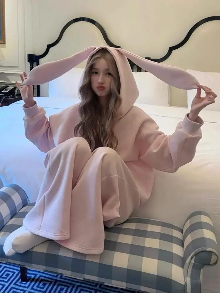 Women Kawaii Cute Bunny Ear Hooded Sweatshirt Oversized Big Zip Up Long Sleeve Sweet Y2K Streetwear Loose Casual Daily Outerwear