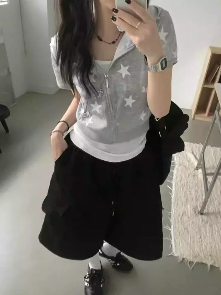 Short Sleeve Print Hoodies Coat Crop Tops Hooded Zipper Slim Fit Sweatshirts Casual Fashion Korean Y2k Hoodie 2025 Ropa Mujer