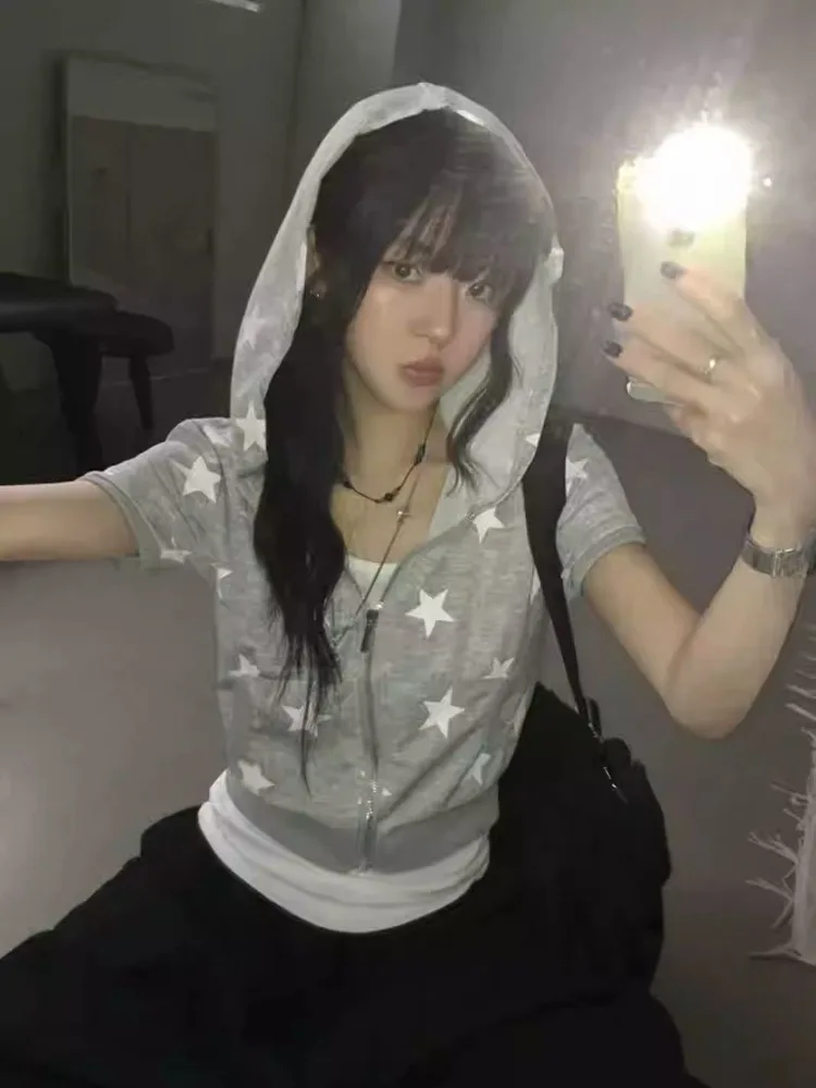 Short Sleeve Print Hoodies Coat Crop Tops Hooded Zipper Slim Fit Sweatshirts Casual Fashion Korean Y2k Hoodie 2025 Ropa Mujer