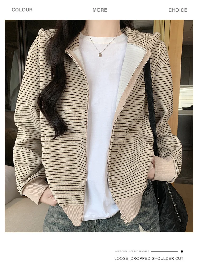 American Retro Loose Striped Hoodie for Women Autumn 2026 Zip Up Long Sleeve Sweatshirt Woman Lazy Casual Short Hooded Jackets