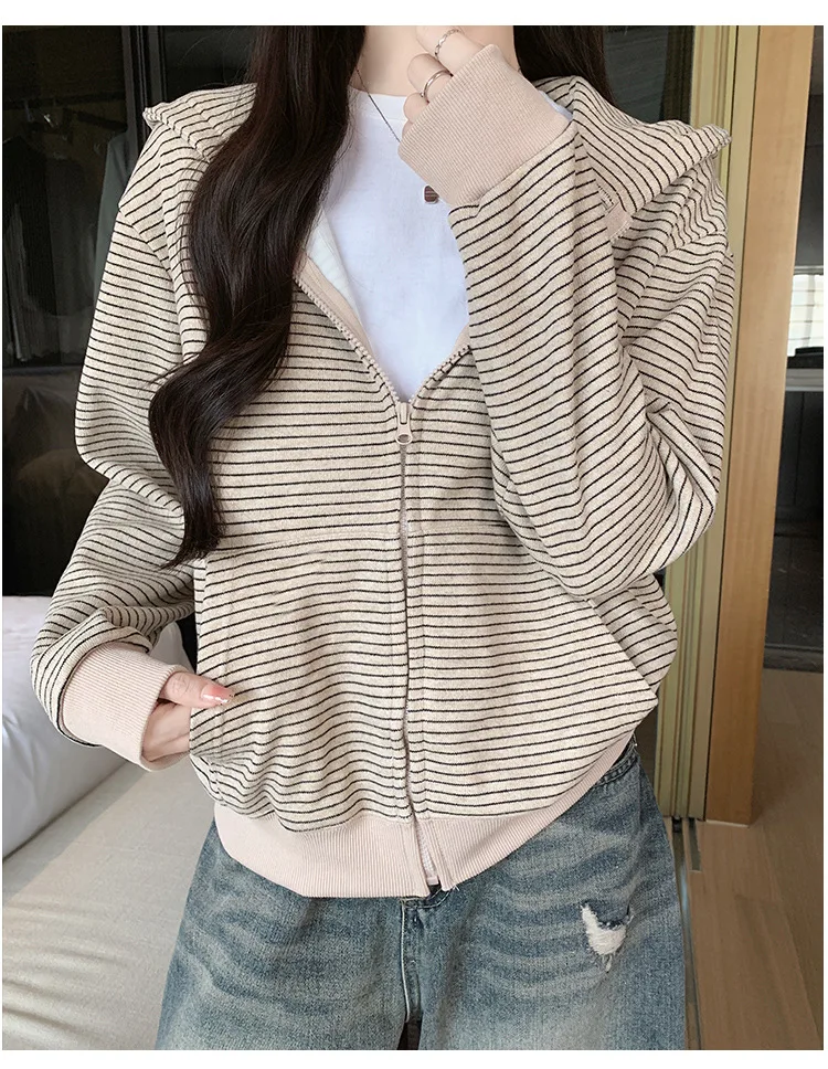 American Retro Loose Striped Hoodie for Women Autumn 2026 Zip Up Long Sleeve Sweatshirt Woman Lazy Casual Short Hooded Jackets