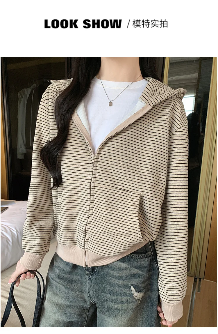 American Retro Loose Striped Hoodie for Women Autumn 2026 Zip Up Long Sleeve Sweatshirt Woman Lazy Casual Short Hooded Jackets
