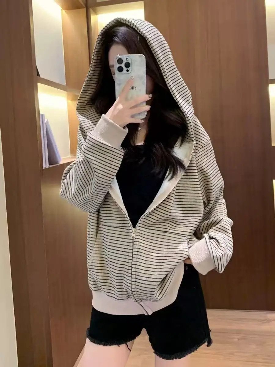 American Retro Loose Striped Hoodie for Women Autumn 2026 Zip Up Long Sleeve Sweatshirt Woman Lazy Casual Short Hooded Jackets