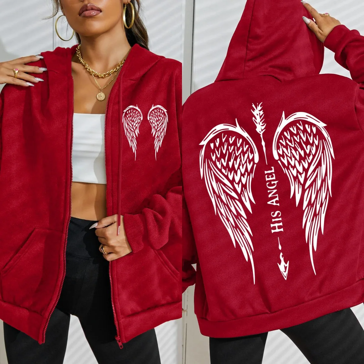 His Angel Creative Wings Art Letter Printing Zipper Hoodies Woman Y2K Hoodie Casual Soft Hoody Fleece Comfortable Streetwear