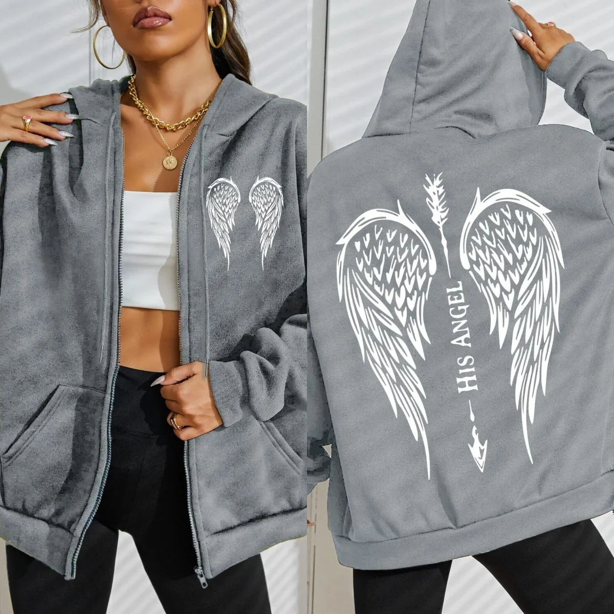 His Angel Creative Wings Art Letter Printing Zipper Hoodies Woman Y2K Hoodie Casual Soft Hoody Fleece Comfortable Streetwear