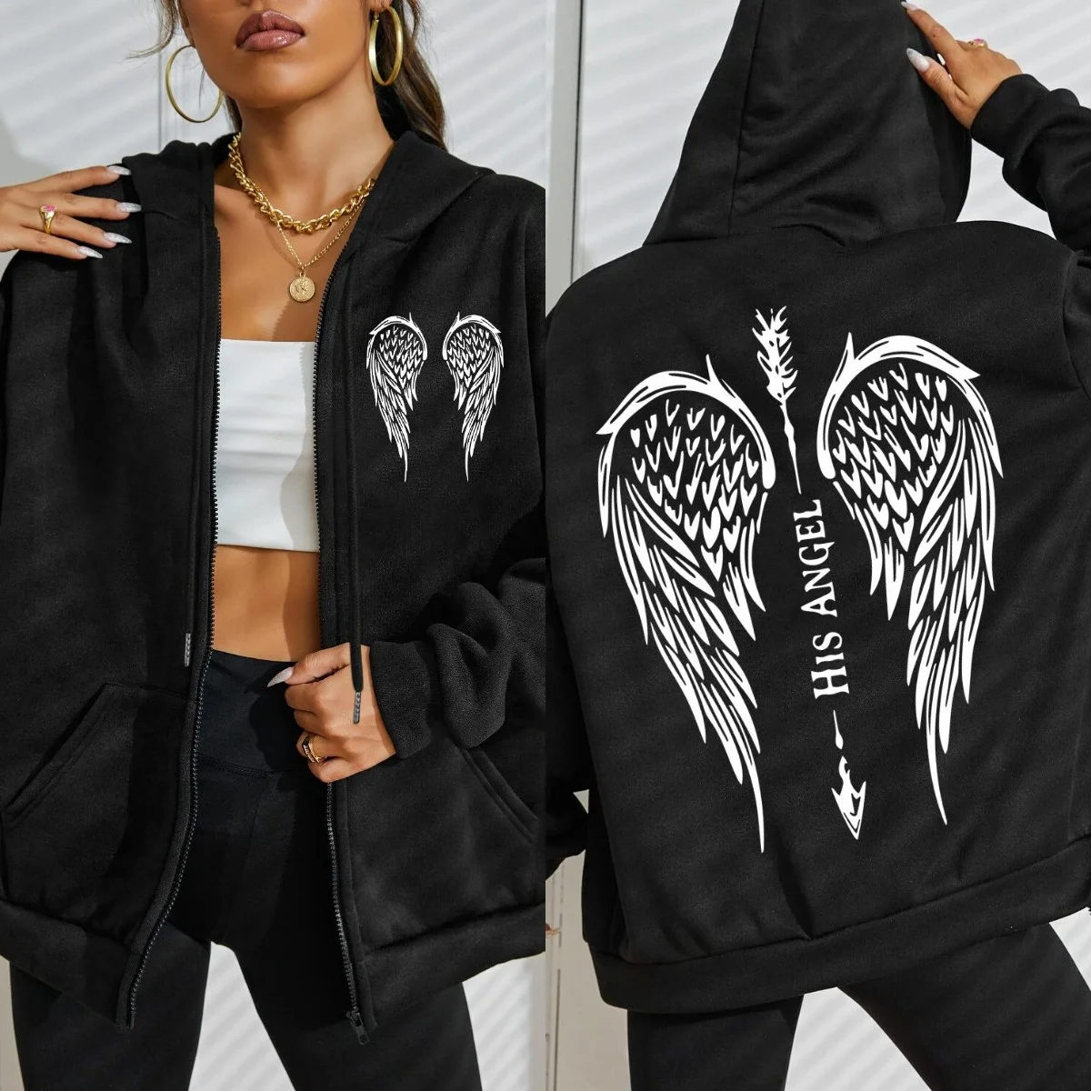 His Angel Creative Wings Art Letter Printing Zipper Hoodies Woman Y2K Hoodie Casual Soft Hoody Fleece Comfortable Streetwear