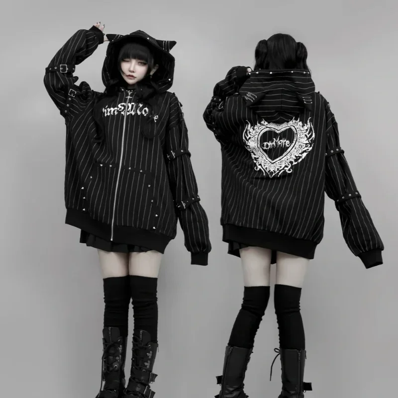 Japanese Subculture Gothic Punk Zip Up Hoodie Women Fur Trim Lace Up Buckle Detail Graphic Print Vintage Oversized Streetwear
