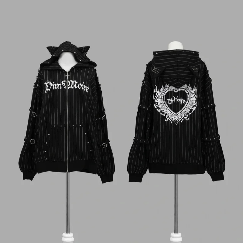Japanese Subculture Gothic Punk Zip Up Hoodie Women Fur Trim Lace Up Buckle Detail Graphic Print Vintage Oversized Streetwear