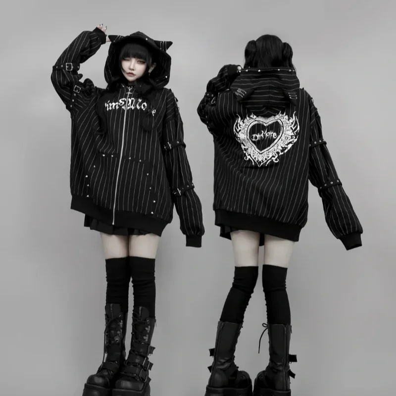 Japanese Subculture Gothic Punk Zip Up Hoodie Women Fur Trim Lace Up Buckle Detail Graphic Print Vintage Oversized Streetwear