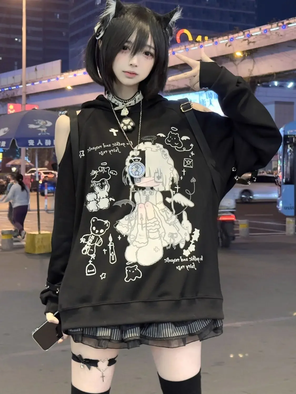 Japanese Subculture Gothic Punk Zip Up Hoodie Women Fur Trim Lace Up Buckle Detail Graphic Print Vintage Oversized Streetwear