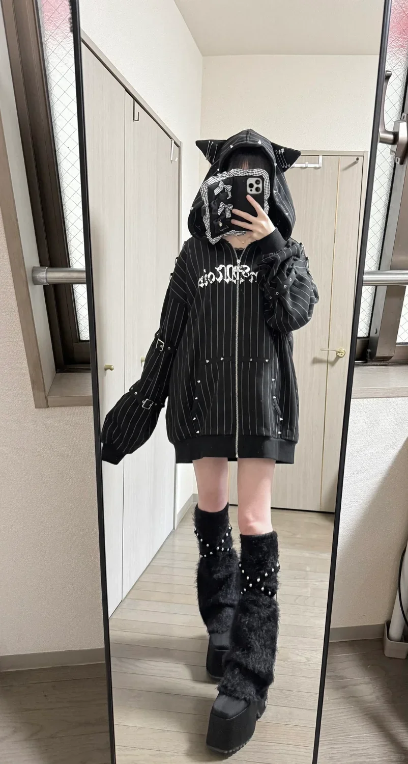 Japanese Subculture Gothic Punk Zip Up Hoodie Women Fur Trim Lace Up Buckle Detail Graphic Print Vintage Oversized Streetwear