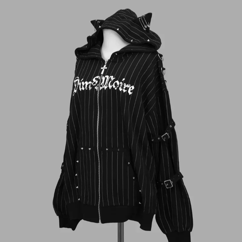 Japanese Subculture Gothic Punk Zip Up Hoodie Women Fur Trim Lace Up Buckle Detail Graphic Print Vintage Oversized Streetwear