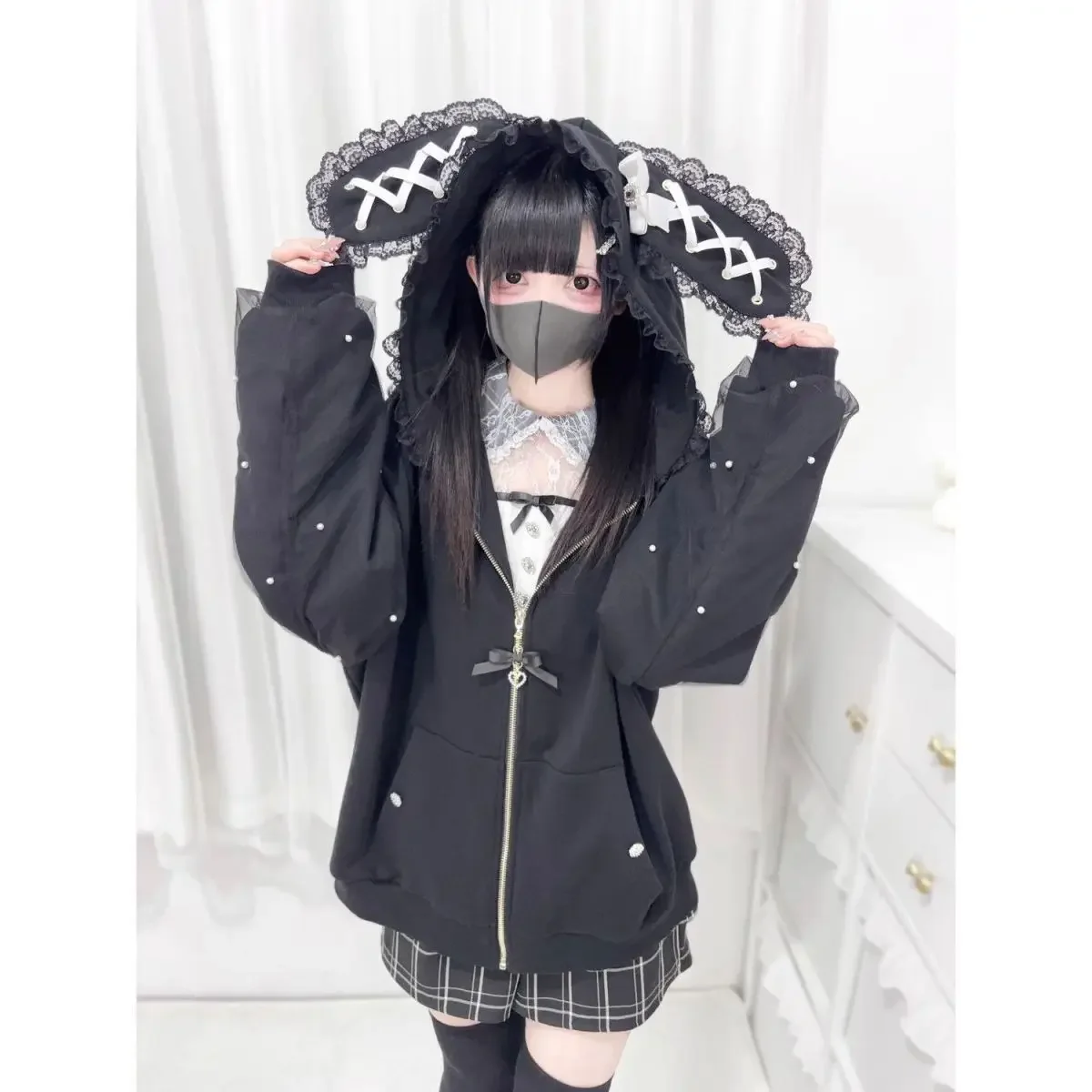 Japanese Subculture Gothic Punk Zip Up Hoodie Women Fur Trim Lace Up Buckle Detail Graphic Print Vintage Oversized Streetwear