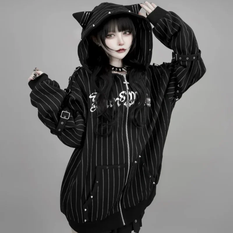 Japanese Subculture Gothic Punk Zip Up Hoodie Women Fur Trim Lace Up Buckle Detail Graphic Print Vintage Oversized Streetwear