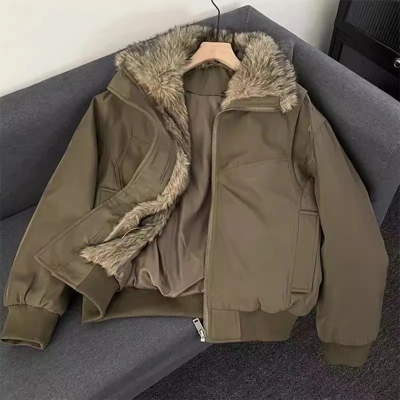 Vintage Solid Fur Collar Hooded Sweatshirt Autumn Winter Zipper Y2K Retro Fleece Jacket Harajuku Plush Dark Fashion Outfits 2025