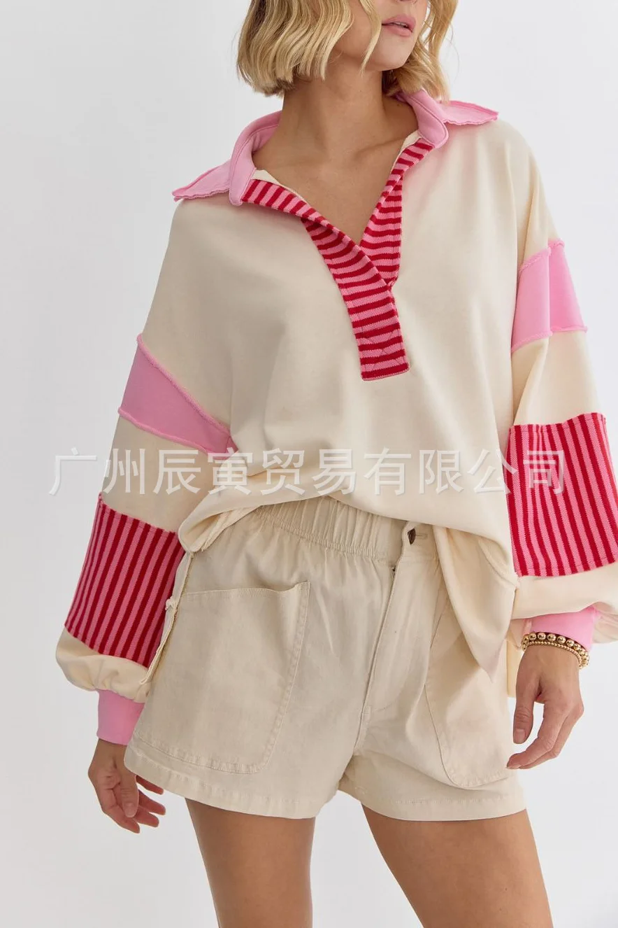 Europe and America Women's Autumn New Fashion Polo Collar Spell Color Striped Splicing Pullover Hoodie, Loose Casual Fresh Top
