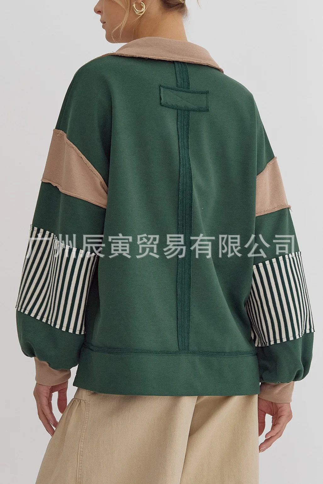 Europe and America Women's Autumn New Fashion Polo Collar Spell Color Striped Splicing Pullover Hoodie, Loose Casual Fresh Top