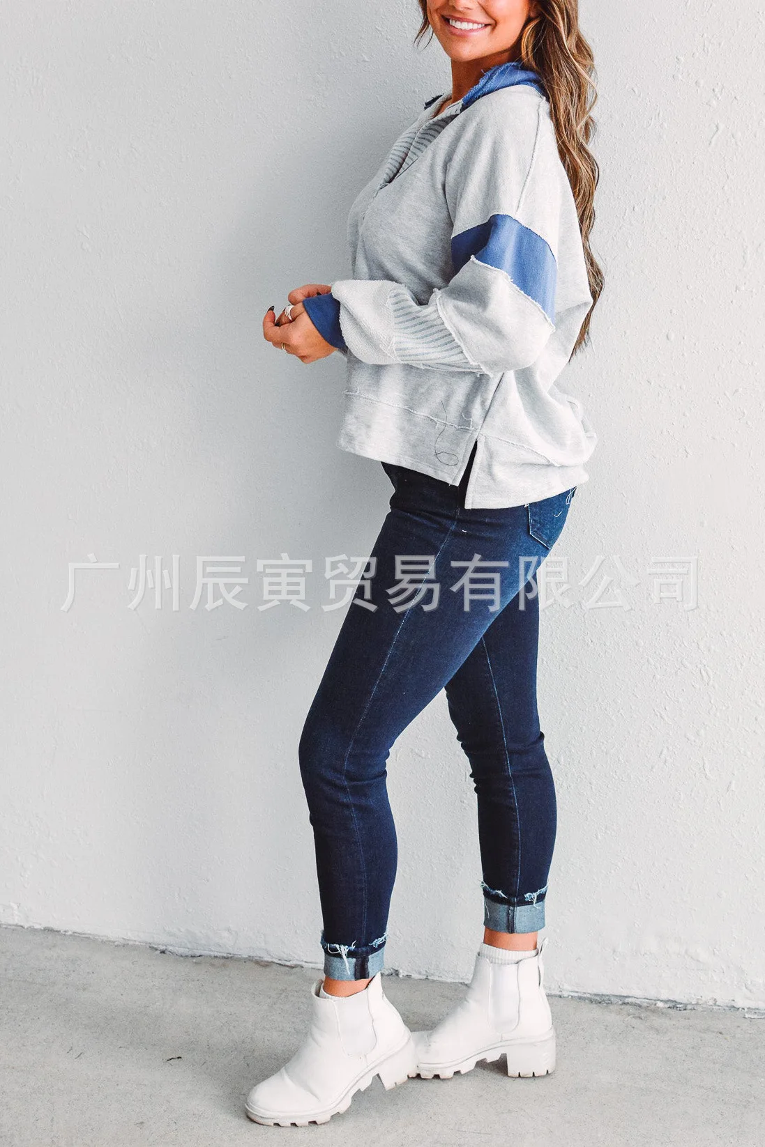 Europe and America Women's Autumn New Fashion Polo Collar Spell Color Striped Splicing Pullover Hoodie, Loose Casual Fresh Top