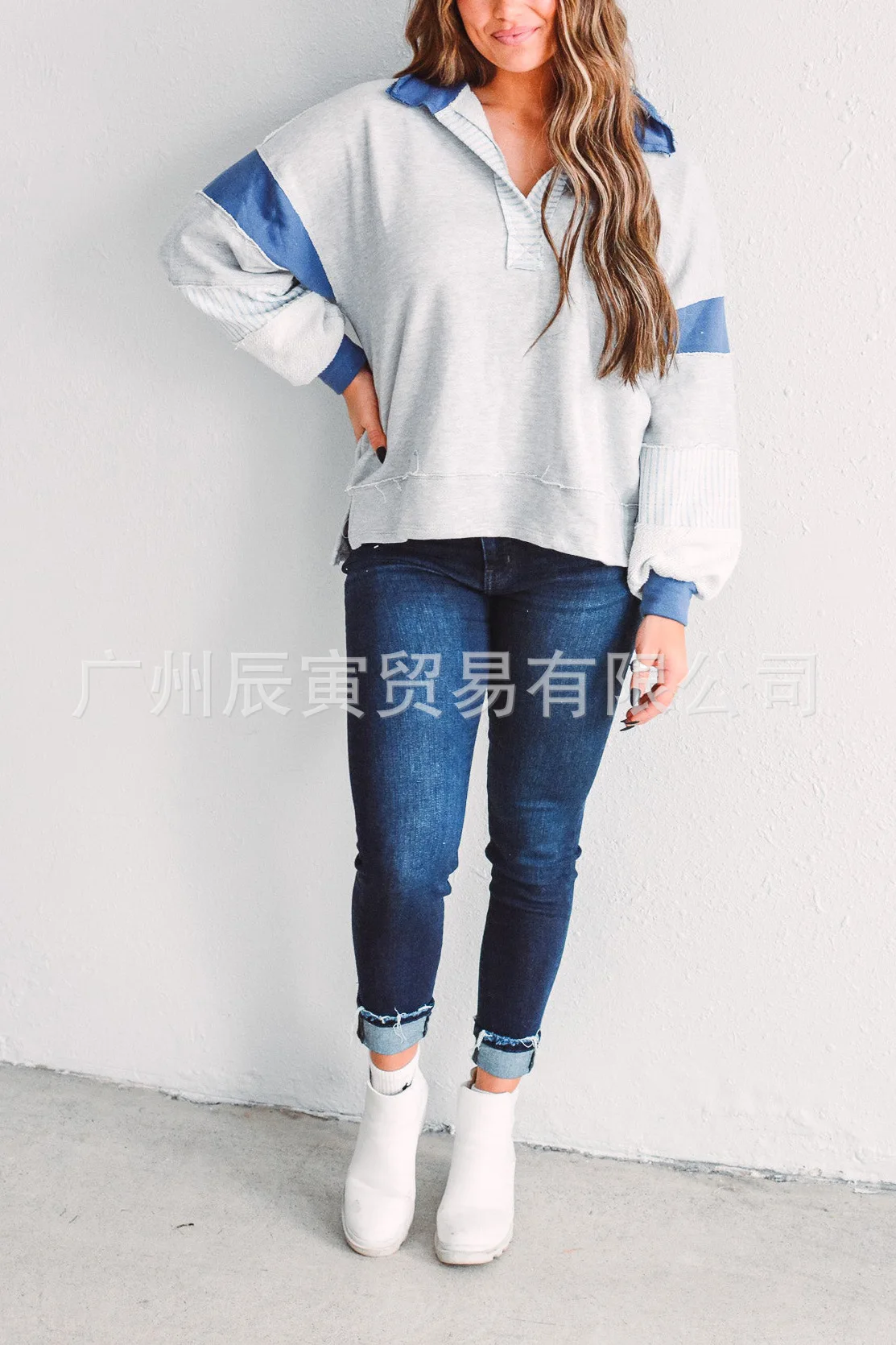 Europe and America Women's Autumn New Fashion Polo Collar Spell Color Striped Splicing Pullover Hoodie, Loose Casual Fresh Top