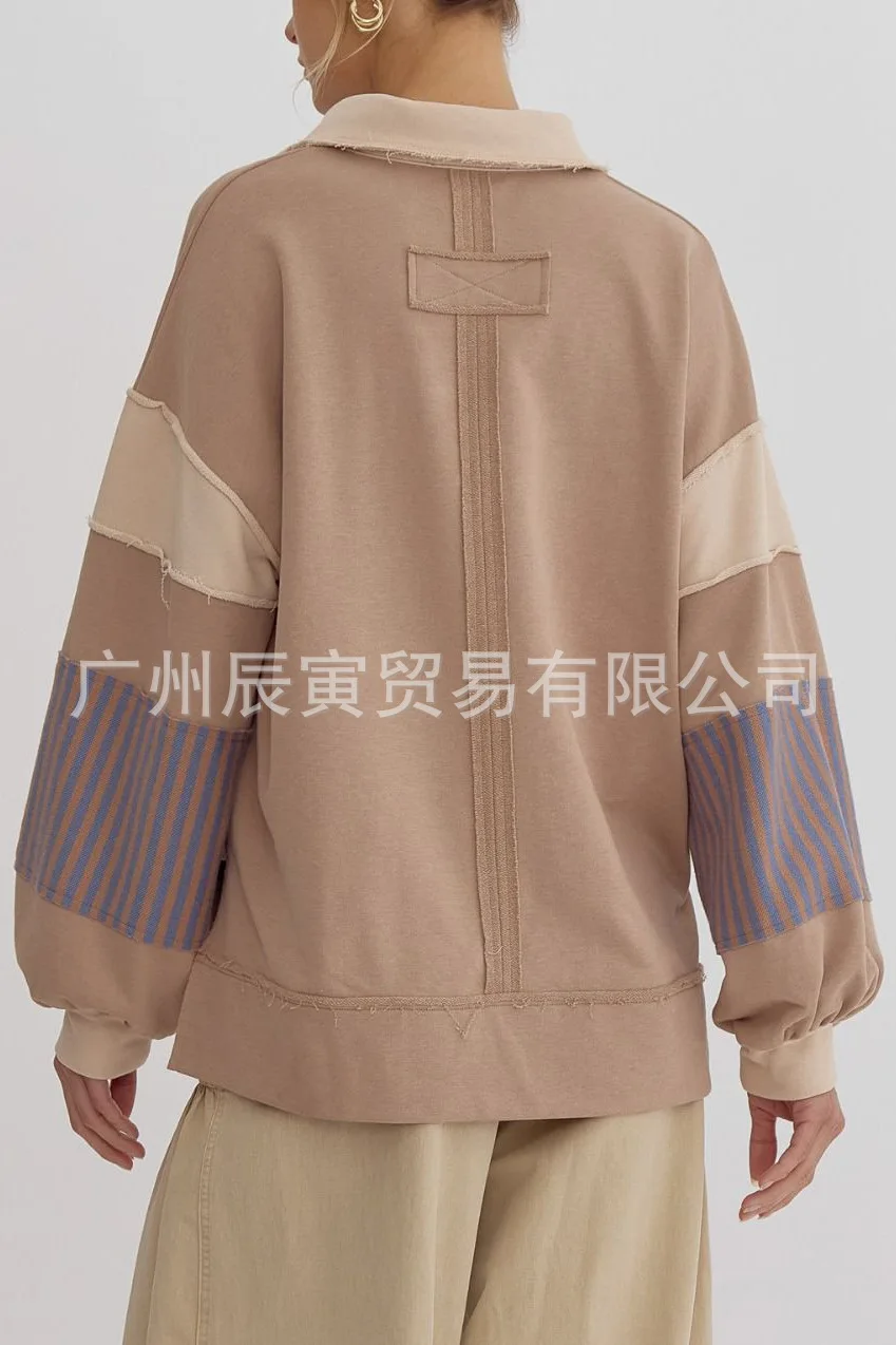 Europe and America Women's Autumn New Fashion Polo Collar Spell Color Striped Splicing Pullover Hoodie, Loose Casual Fresh Top