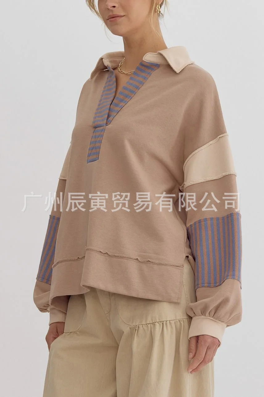 Europe and America Women's Autumn New Fashion Polo Collar Spell Color Striped Splicing Pullover Hoodie, Loose Casual Fresh Top