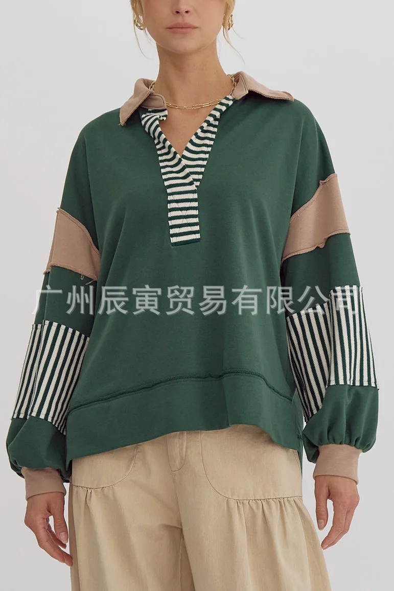 Europe and America Women's Autumn New Fashion Polo Collar Spell Color Striped Splicing Pullover Hoodie, Loose Casual Fresh Top