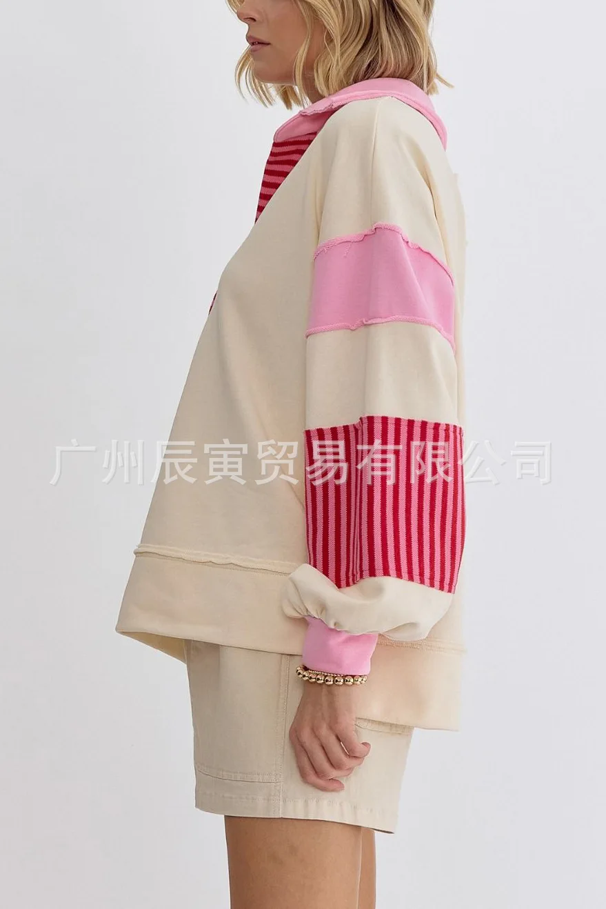 Europe and America Women's Autumn New Fashion Polo Collar Spell Color Striped Splicing Pullover Hoodie, Loose Casual Fresh Top