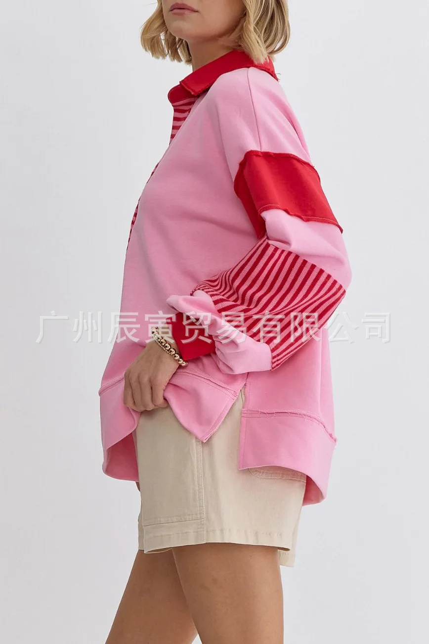 Europe and America Women's Autumn New Fashion Polo Collar Spell Color Striped Splicing Pullover Hoodie, Loose Casual Fresh Top
