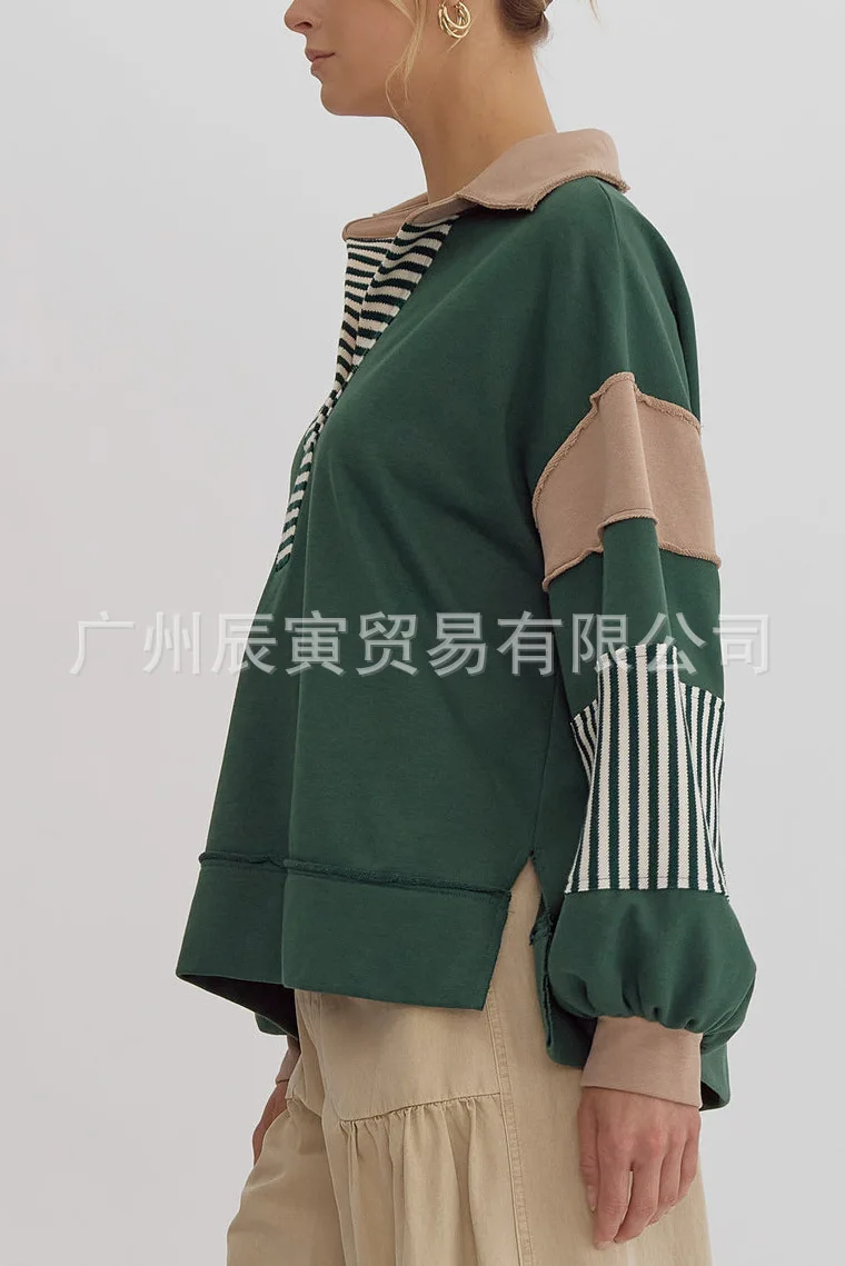 Europe and America Women's Autumn New Fashion Polo Collar Spell Color Striped Splicing Pullover Hoodie, Loose Casual Fresh Top