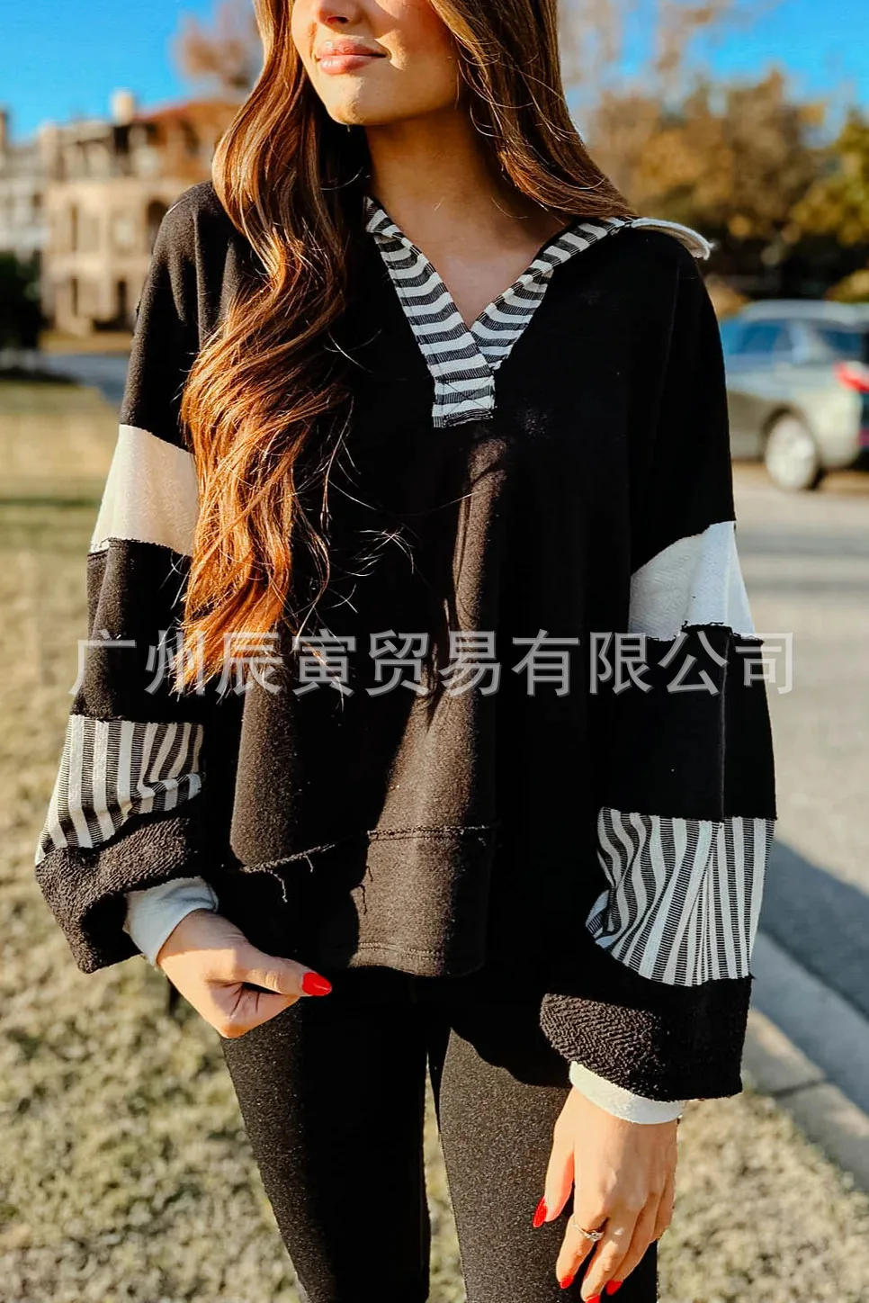 Europe and America Women's Autumn New Fashion Polo Collar Spell Color Striped Splicing Pullover Hoodie, Loose Casual Fresh Top
