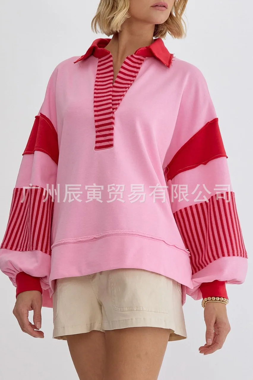 Europe and America Women's Autumn New Fashion Polo Collar Spell Color Striped Splicing Pullover Hoodie, Loose Casual Fresh Top