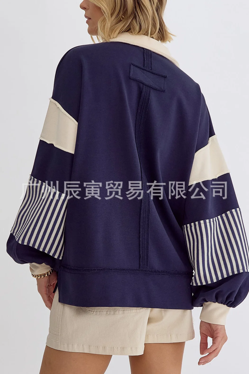 Europe and America Women's Autumn New Fashion Polo Collar Spell Color Striped Splicing Pullover Hoodie, Loose Casual Fresh Top